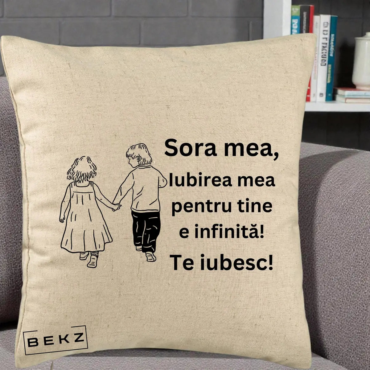 Perna Decorativa Sora Mea Te Iubesc Doua Fete Telefoane Violet Roz, 40x40 cm, Bej, Husa Detasabila, Perna, BEKZ®