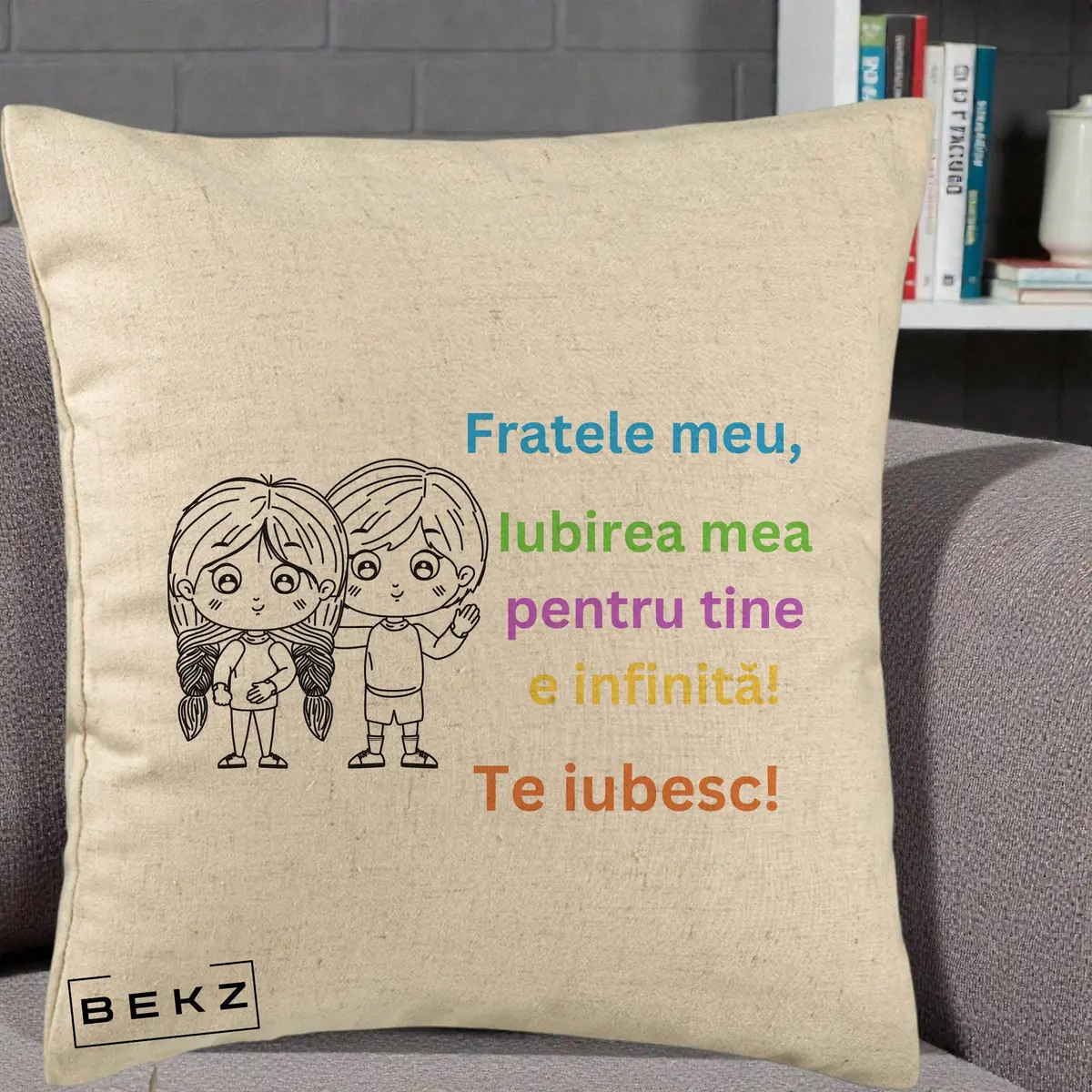 Perna Decorativa Fratele Meu Te Iubesc Copii Anime Colorat, 40x40 cm, Bej, Husa Detasabila, Perna, BEKZ®