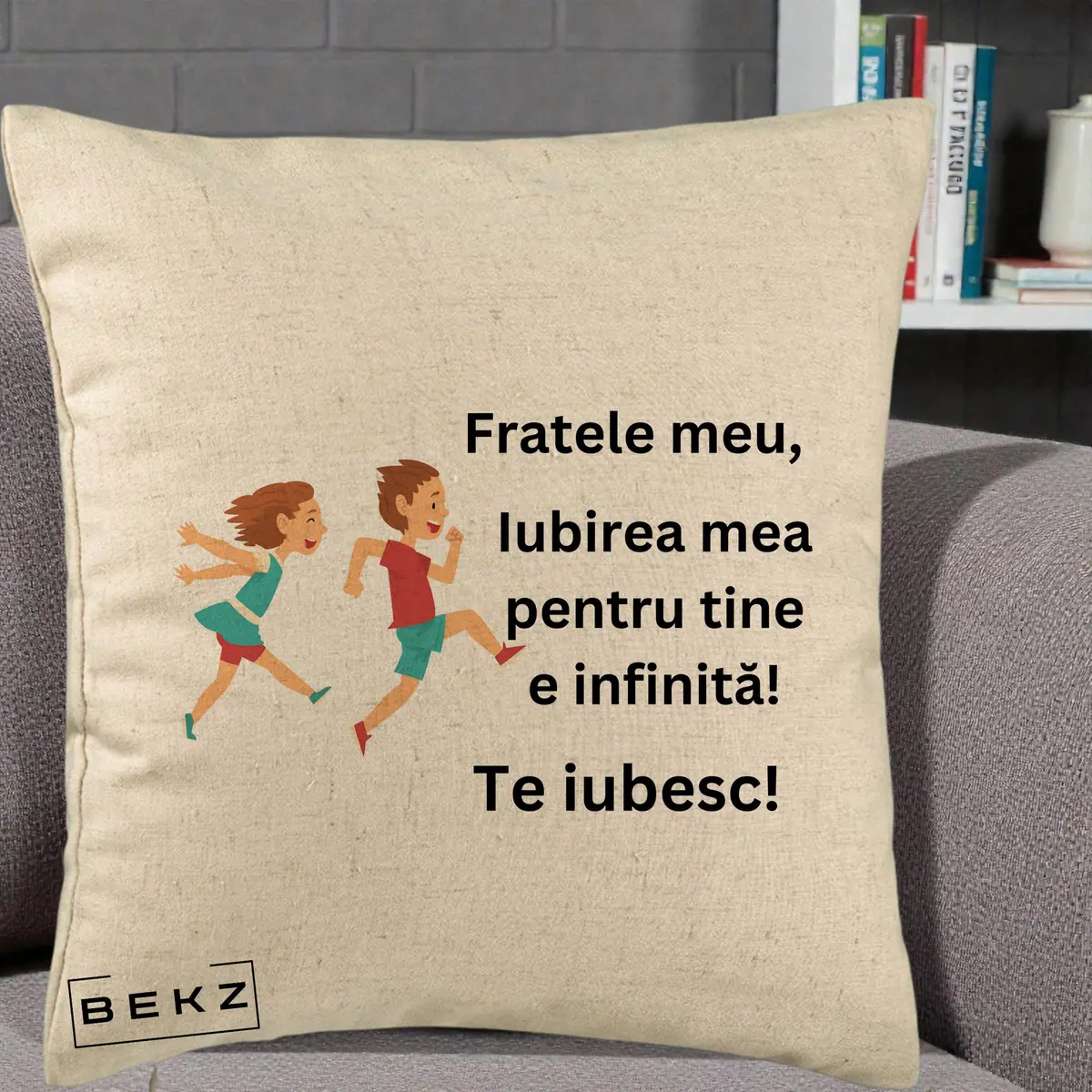 Perna Decorativa Fratele Meu Te Iubesc Copii Alergand Colorat, 40x40 cm, Bej, Husa Detasabila, Perna, BEKZ®