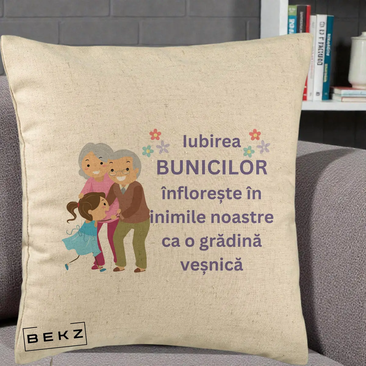 Perna Decorativa Bunicii Iubirea Infloreste Bunici cu Nepoata Colorat, 40x40 cm, Bej, Husa Detasabila, Perna, BEKZ®
