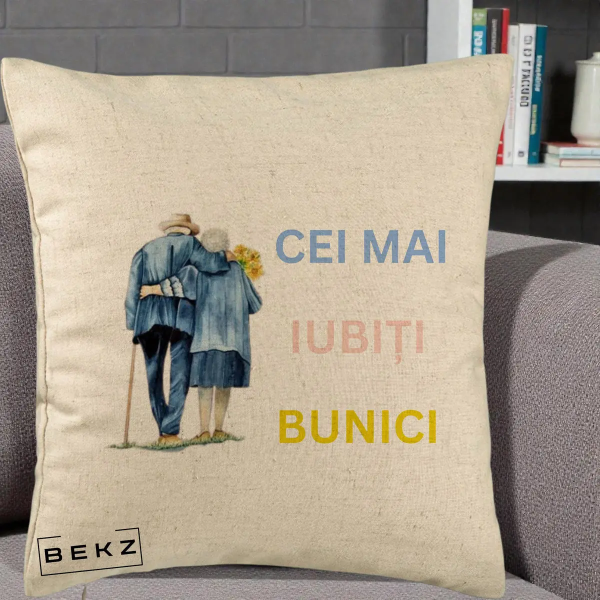 Perna Decorativa Cei Mai Iubiti Bunici Acuarela Spate, 40x40 cm, Bej, Husa Detasabila, Perna, BEKZ®