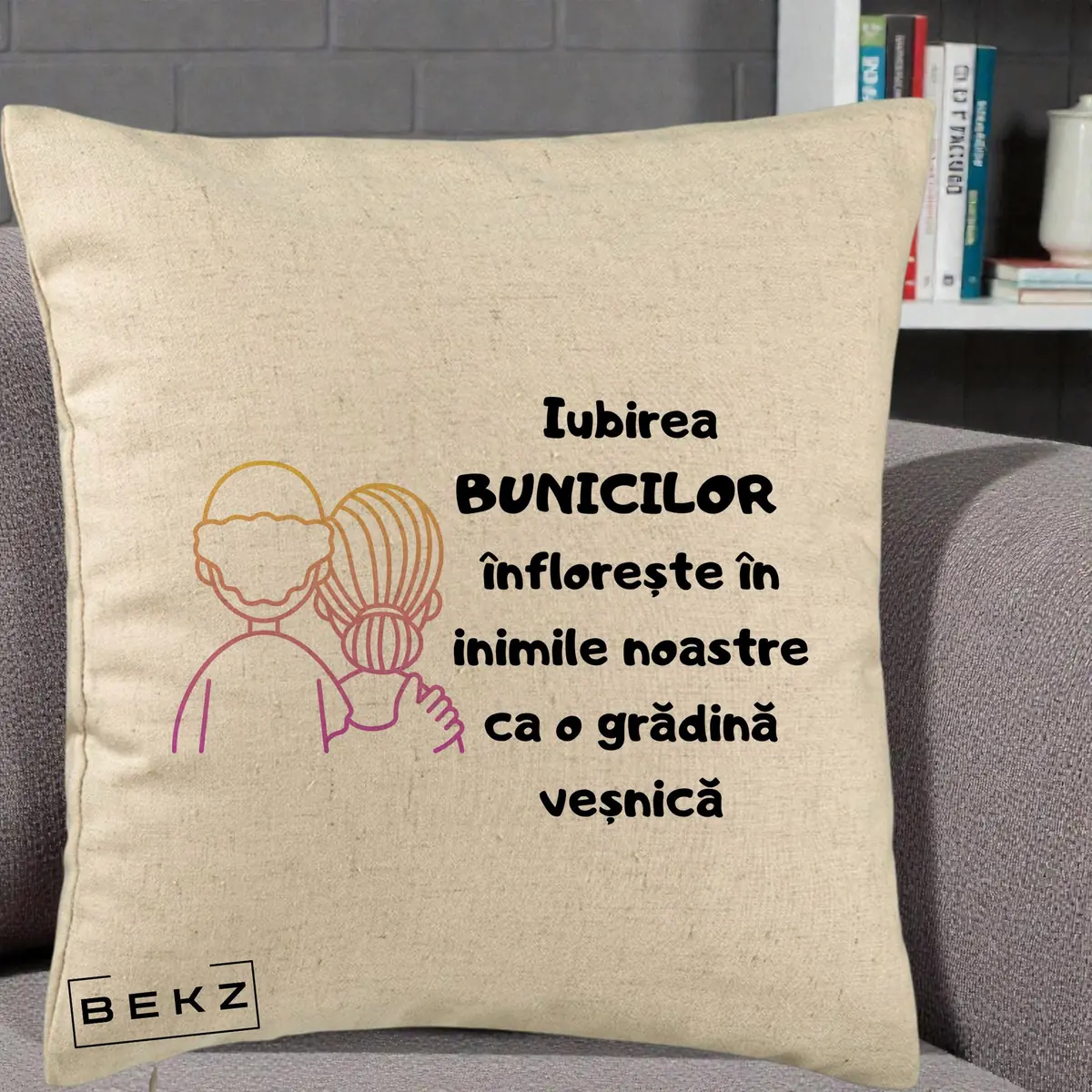 Perna Decorativa Iubirea Bunicilor Infloreste Cuplu Line Art Gradient, 40x40 cm, Bej, Husa Detasabila, Perna, BEKZ®