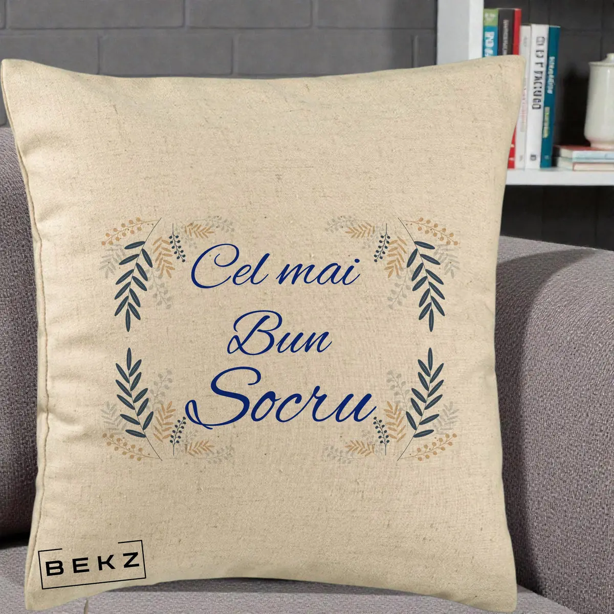 Perna Decorativa Cel mai Bun Socru cu Ramuri Frunze Albastre si Aurii, 40x40 cm, Bej, Husa Detasabila, Perna, BEKZ®