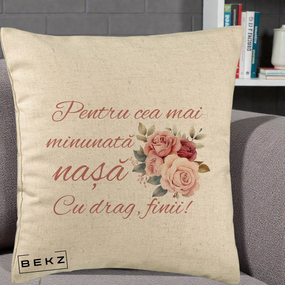 Perna Decorativa Pentru Cea mai Minunata Nasa Cu drag Finii, 40x40 cm, Bej, Husa Detasabila, Perna, BEKZ®