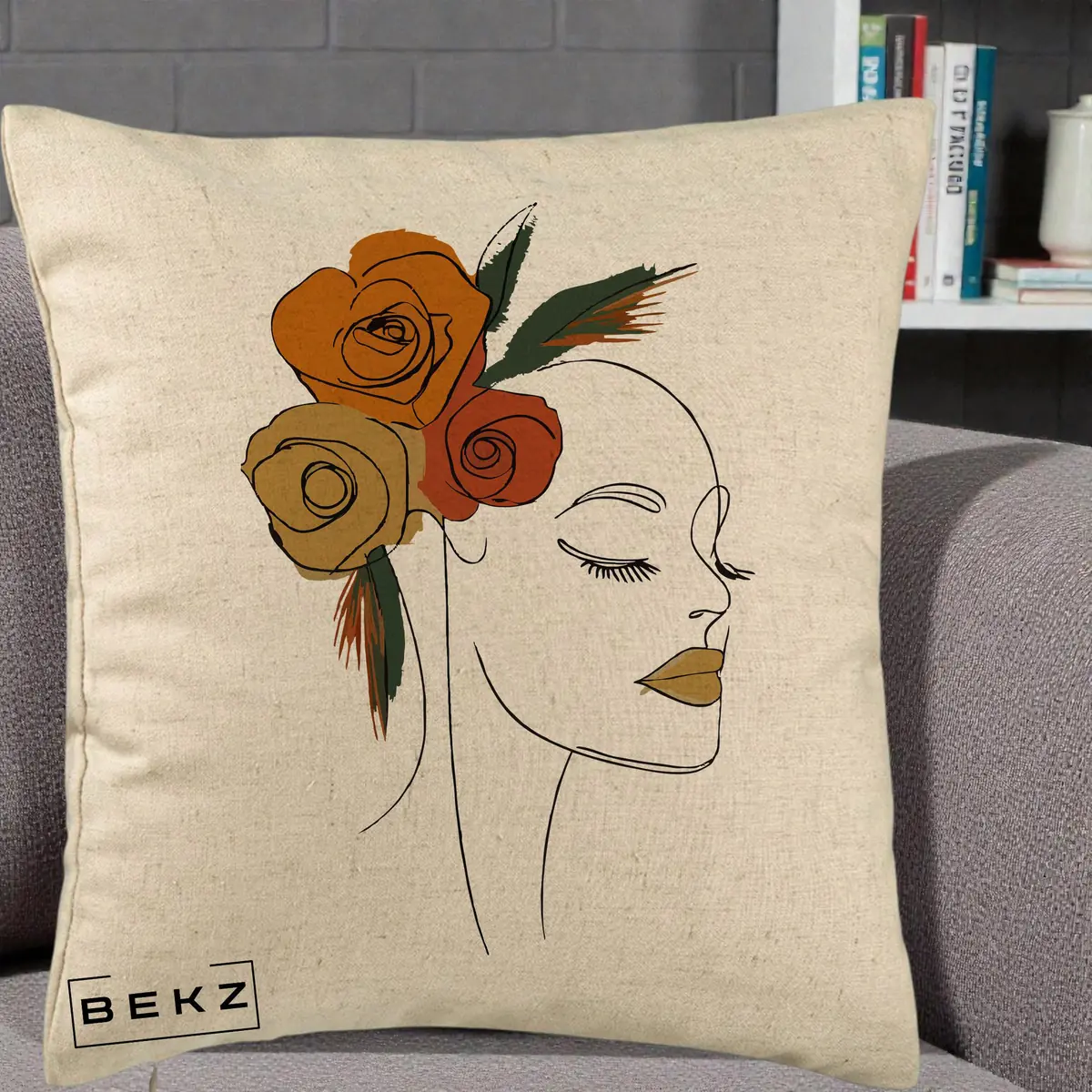 Perna Decorativa Portret Feminin Trandafiri Ruginii, 40x40 cm, Bej, Husa Detasabila, Perna, BEKZ®