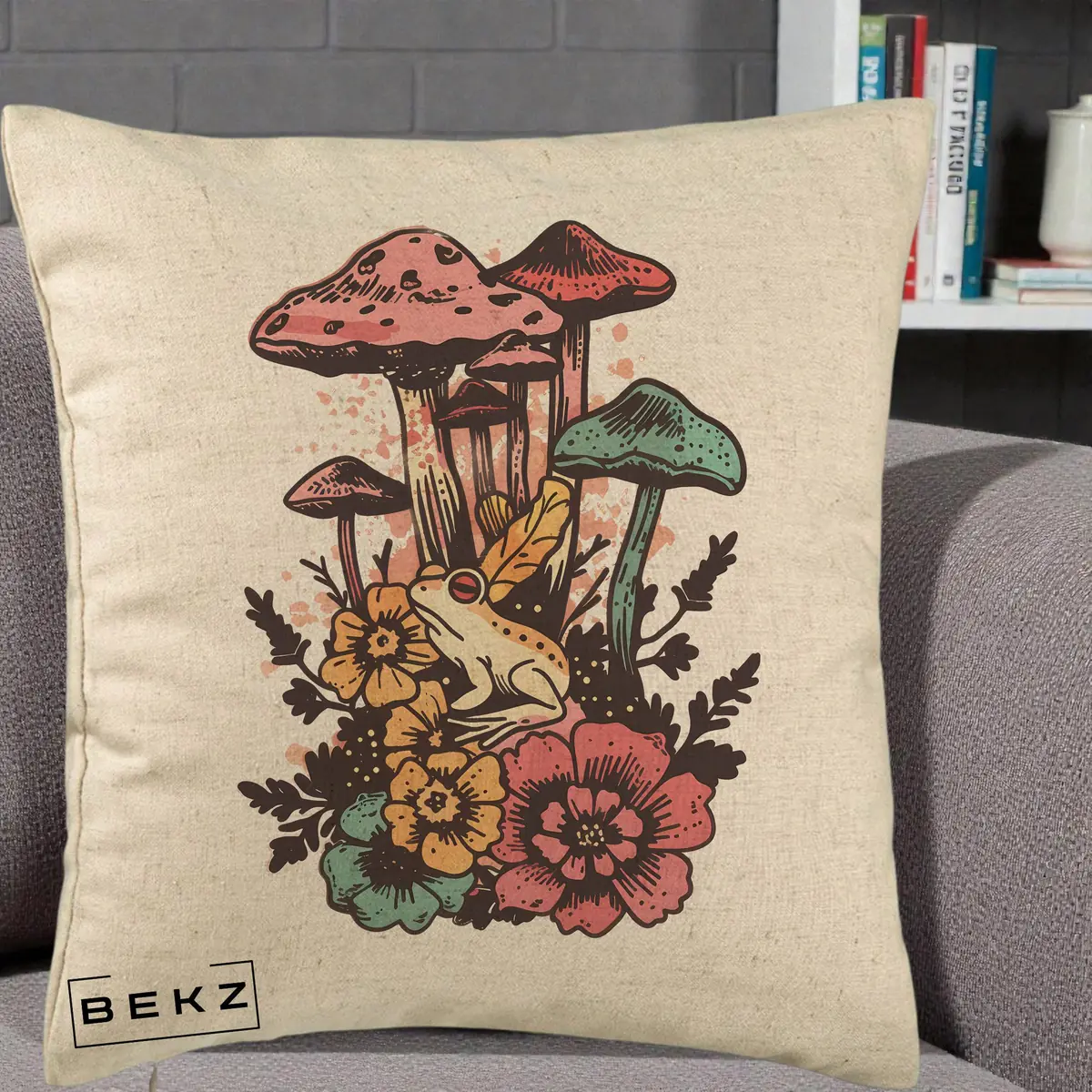 Perna Decorativa Ciuperci si Broaste Boho, 40x40 cm, Bej, Husa Detasabila, Perna, BEKZ®