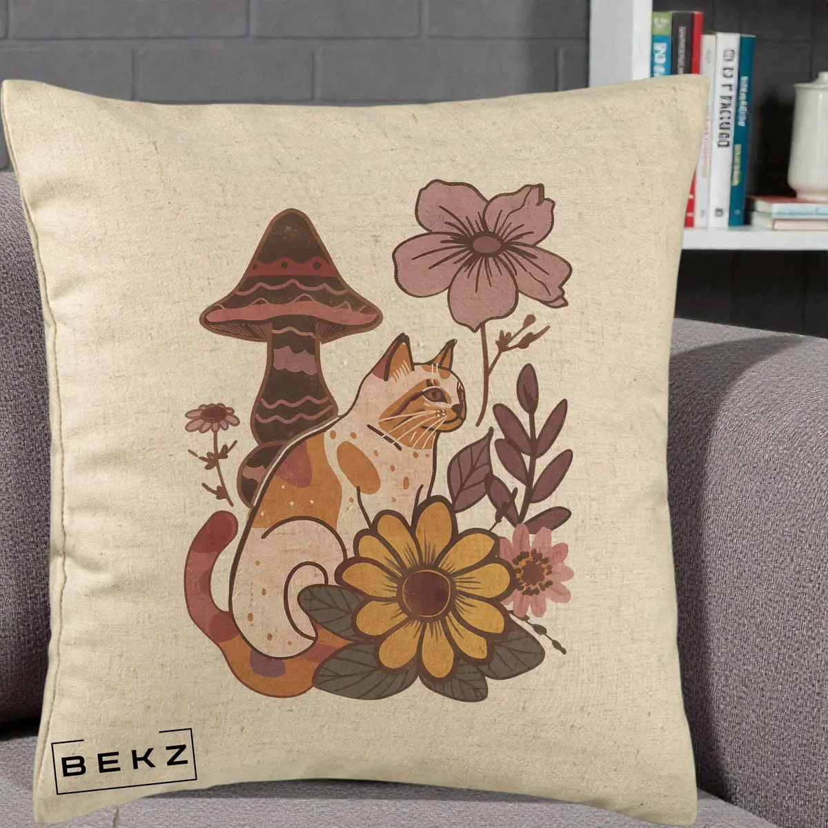 Perna Decorativa Pisica Vintage Florala Boho, 40x40 cm, Bej, Husa Detasabila, Perna, BEKZ®