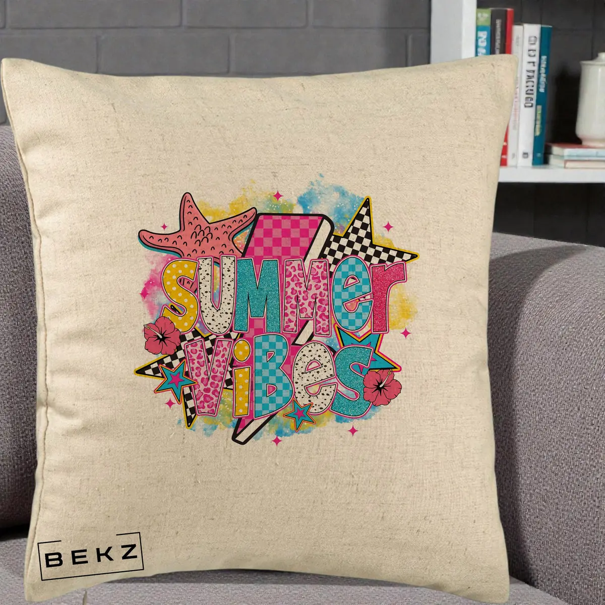 Perna Decorativa Sorry I'm Booked Carti Flori, 40x40 cm, Bej, Husa Detasabila, Perna, BEKZ®