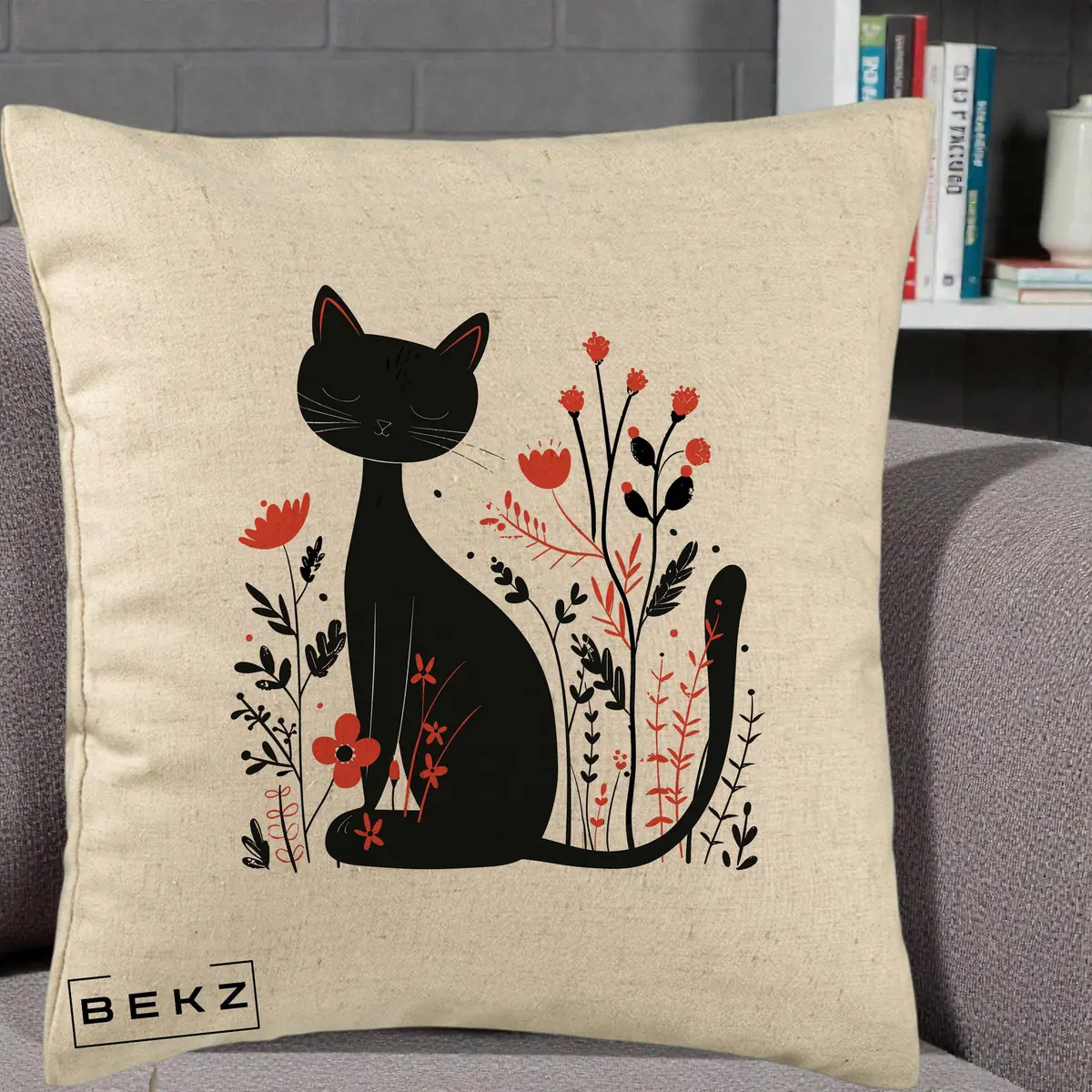 Perna Decorativa Pisica Neagra Flori Rosii Folk Minimal, 40x40 cm, Bej, Husa Detasabila, Perna, BEKZ®