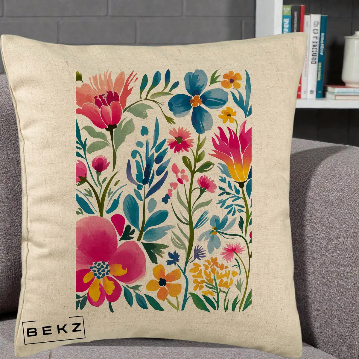 Perna Decorativa Gradina Florala Acuarela Colorata, 40x40 cm, Bej, Husa Detasabila, Perna, BEKZ®