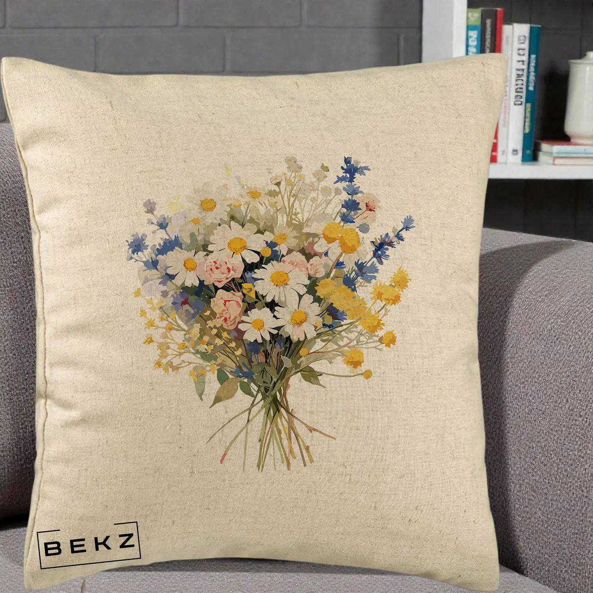 Perna Decorativa Buchet Camp Acuarela Margarete-Lavanda, 40x40 cm, Bej, Husa Detasabila, Perna, BEKZ®