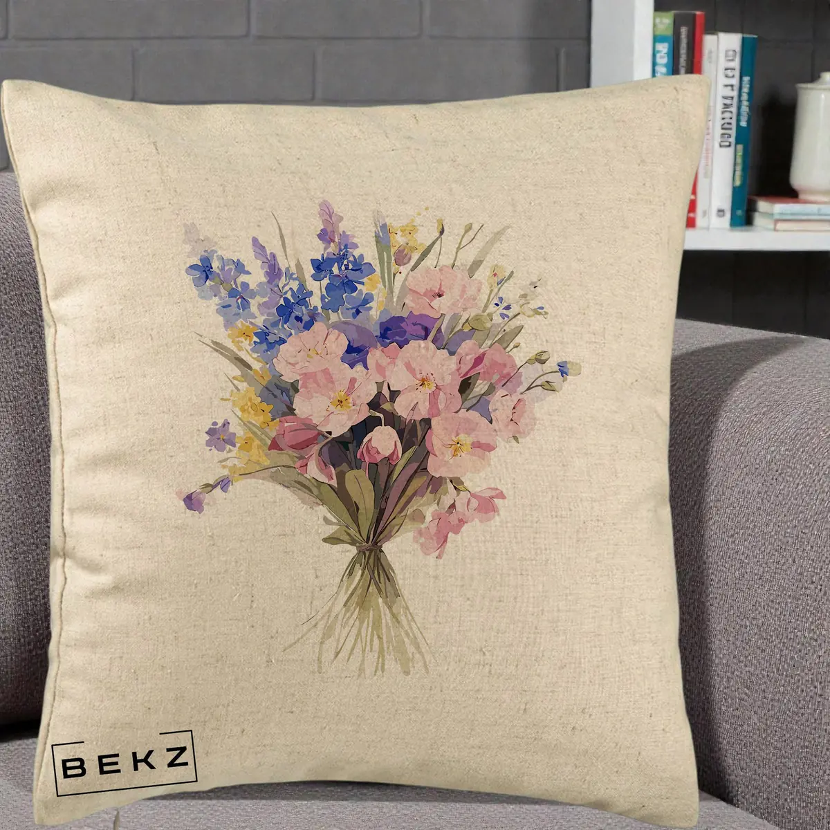 Perna Decorativa Buchet Floral Acuarela Primavara, 40x40 cm, Bej, Husa Detasabila, Perna, BEKZ®