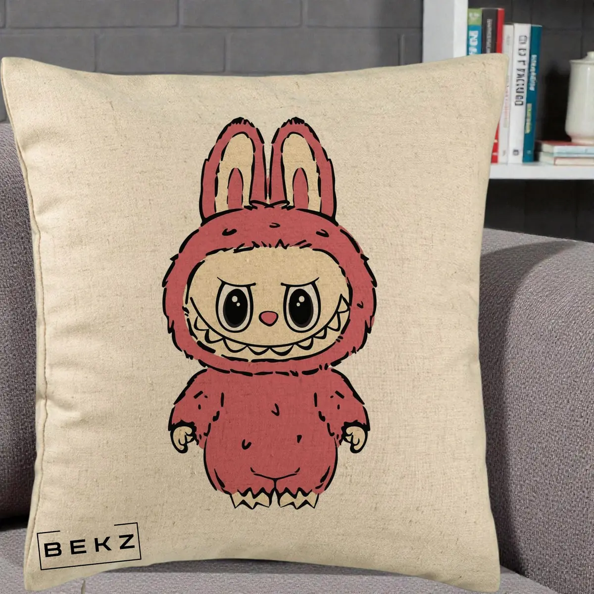 Perna Decorativa Labubu Roz Solo, 40x40 cm, Bej, Husa Detasabila, Perna, BEKZ®