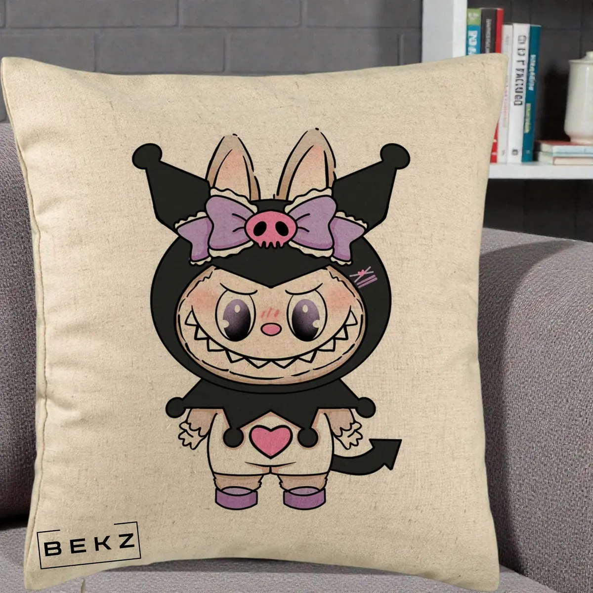 Perna Decorativa Labubu x Kuromi, 40x40 cm, Bej, Husa Detasabila, Perna, BEKZ®