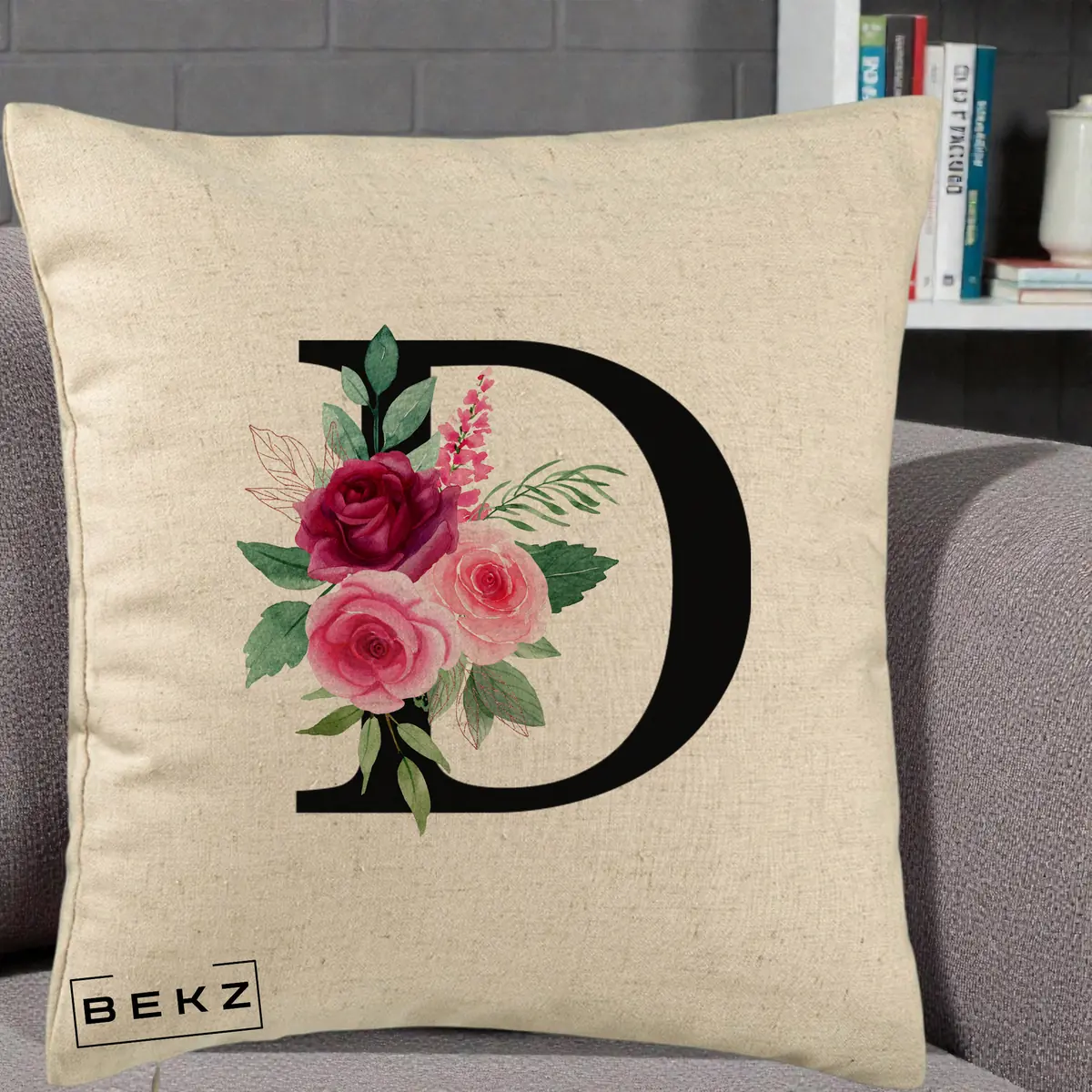 Perna Decorativa Monograma Florala Litera D, 40x40 cm, Bej, Husa Detasabila, Perna, BEKZ®