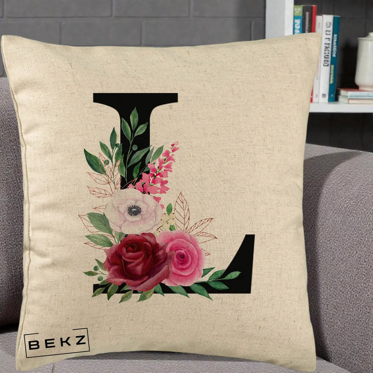 Perna Decorativa Monograma Florala Litera L, 40x40 cm, Bej, Husa Detasabila, Perna, BEKZ®