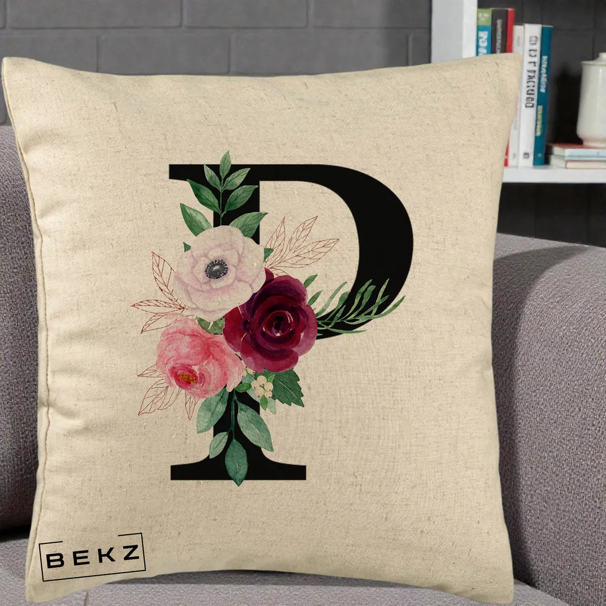 Perna Decorativa Monograma Florala Litera P, 40x40 cm, Bej, Husa Detasabila, Perna, BEKZ®