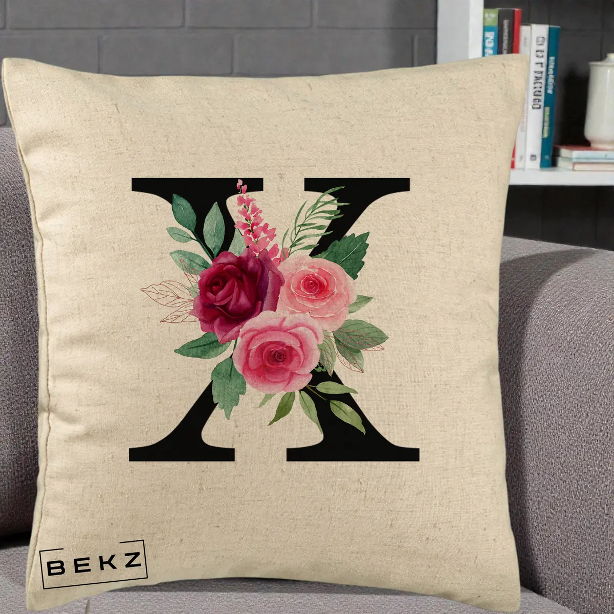 Perna Decorativa Monograma Florala Litera X, 40x40 cm, Bej, Husa Detasabila, Perna, BEKZ®
