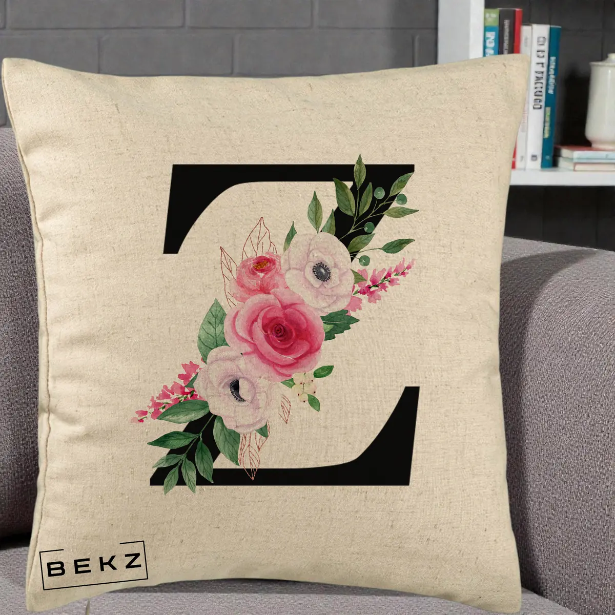 Perna Decorativa Monograma Florala Litera Z, 40x40 cm, Bej, Husa Detasabila, Perna, BEKZ®