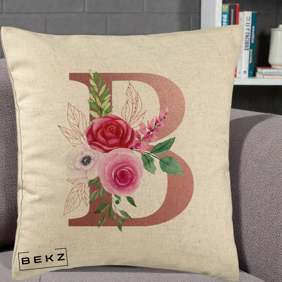 Perna Decorativa Monograma Rose Gold Litera B, 40x40 cm, Bej, Husa Detasabila, Perna, BEKZ®