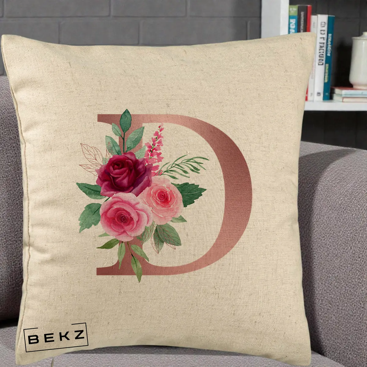 Perna Decorativa Monograma Rose Gold Litera D, 40x40 cm, Bej, Husa Detasabila, Perna, BEKZ®