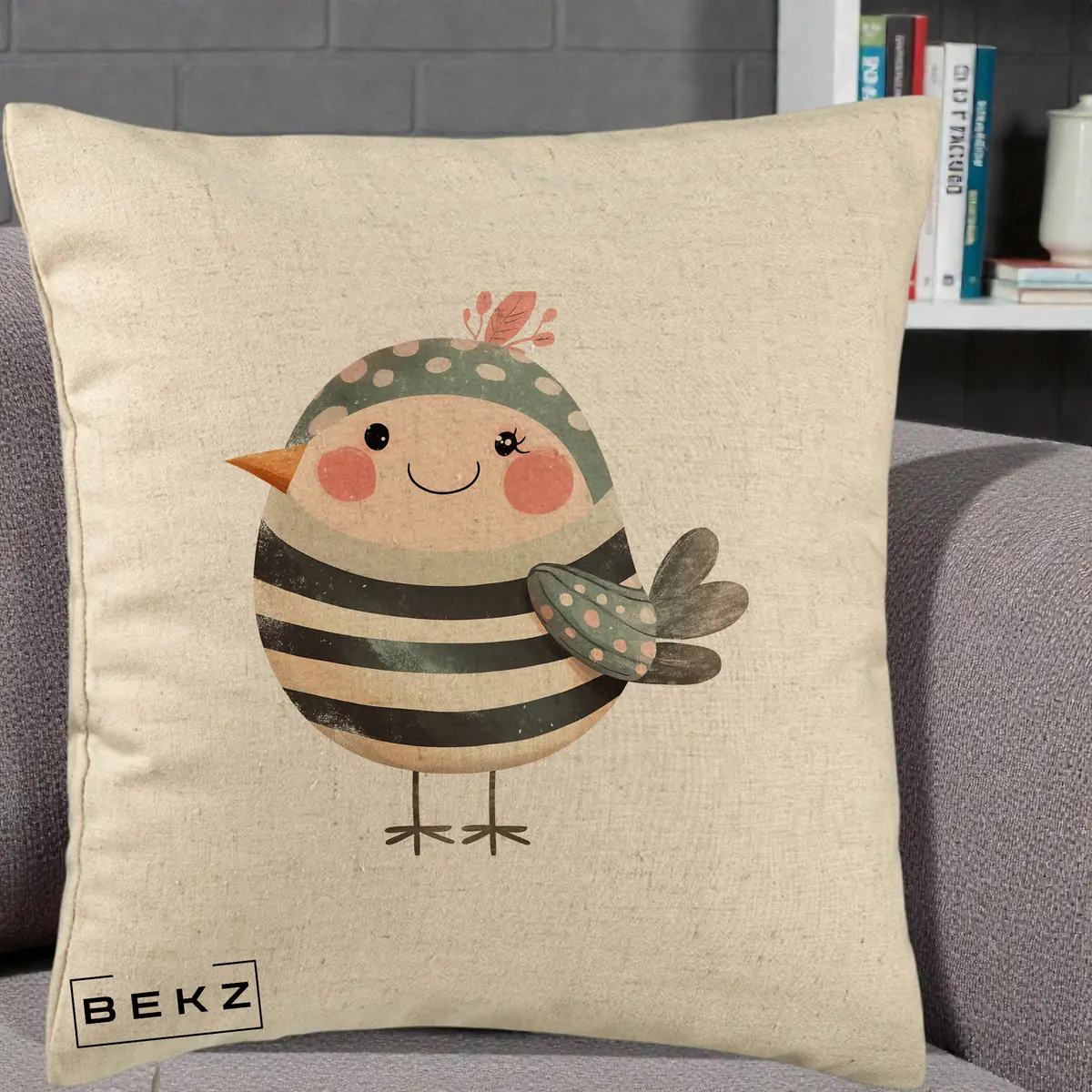 Perna Decorativa Pui Kawaii Teal cu Flori, 40x40 cm, Bej, Husa Detasabila, Perna, BEKZ®
