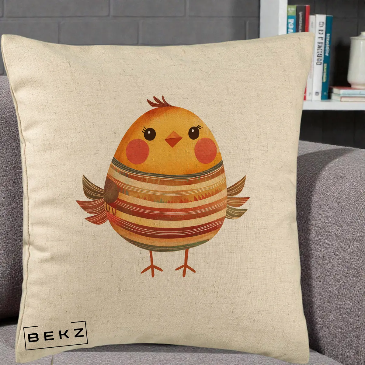 Perna Decorativa Pui Kawaii Portocaliu Dungi Calde, 40x40 cm, Bej, Husa Detasabila, Perna, BEKZ®