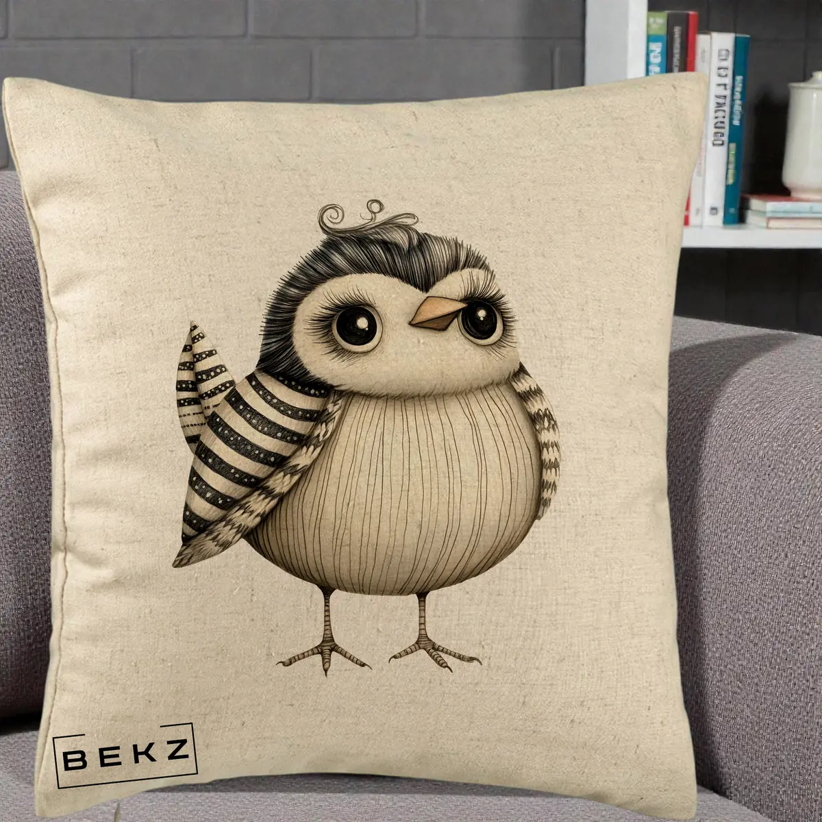 Perna Decorativa Pui Elegant Alb-Negru, 40x40 cm, Bej, Husa Detasabila, Perna, BEKZ®