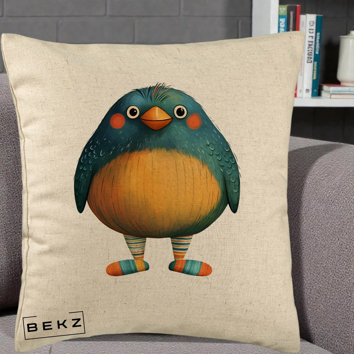 Perna Decorativa Pasare Teal cu Sosete Dunghi, 40x40 cm, Bej, Husa Detasabila, Perna, BEKZ®