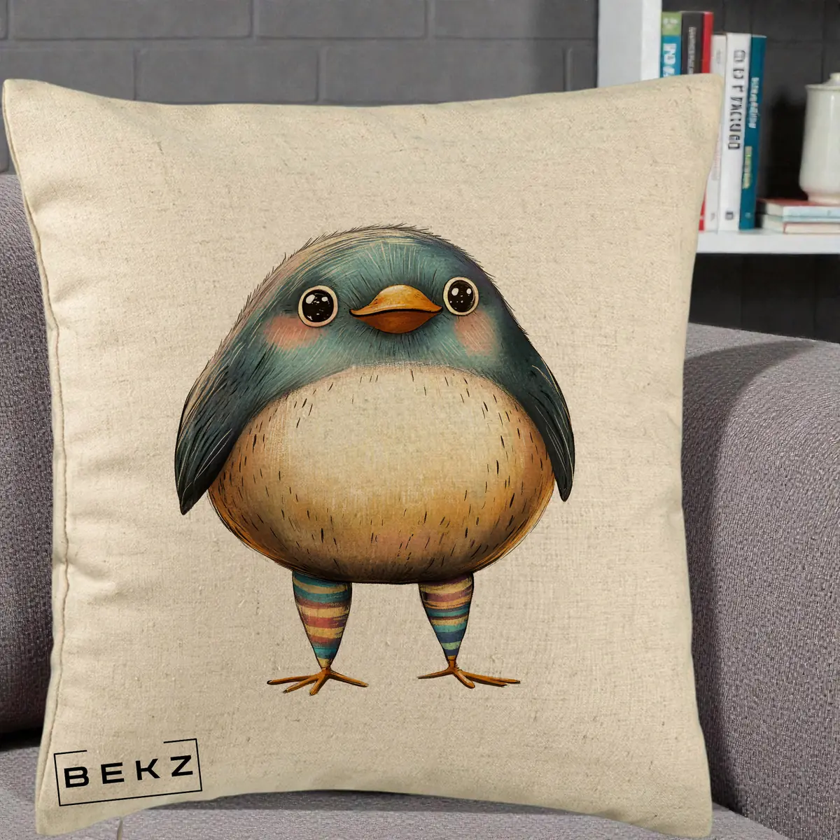 Perna Decorativa Pasare Teal-Bej cu Sosete Curcubeu, 40x40 cm, Bej, Husa Detasabila, Perna, BEKZ®