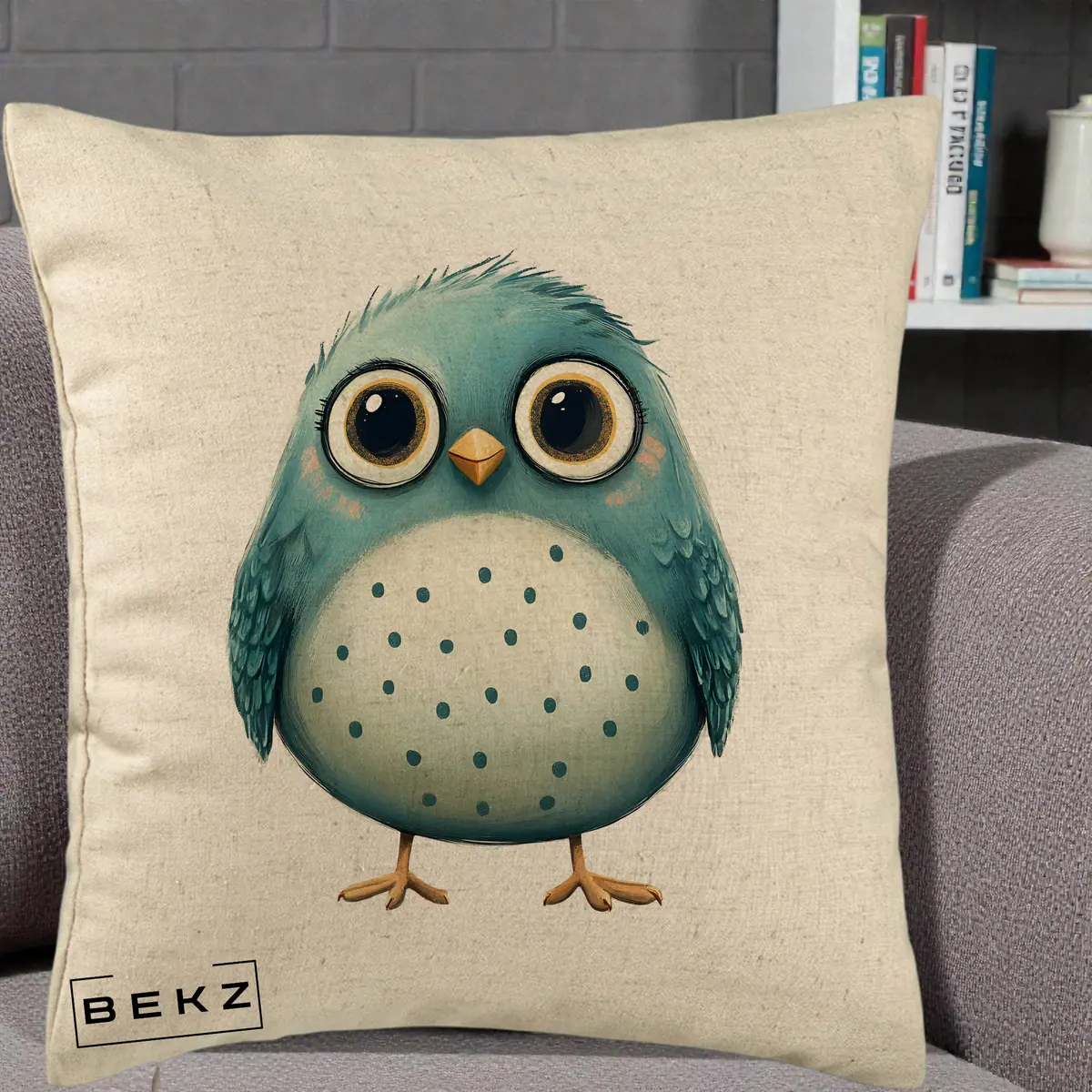 Perna Decorativa Pasare Teal cu Buline Teal, 40x40 cm, Bej, Husa Detasabila, Perna, BEKZ®