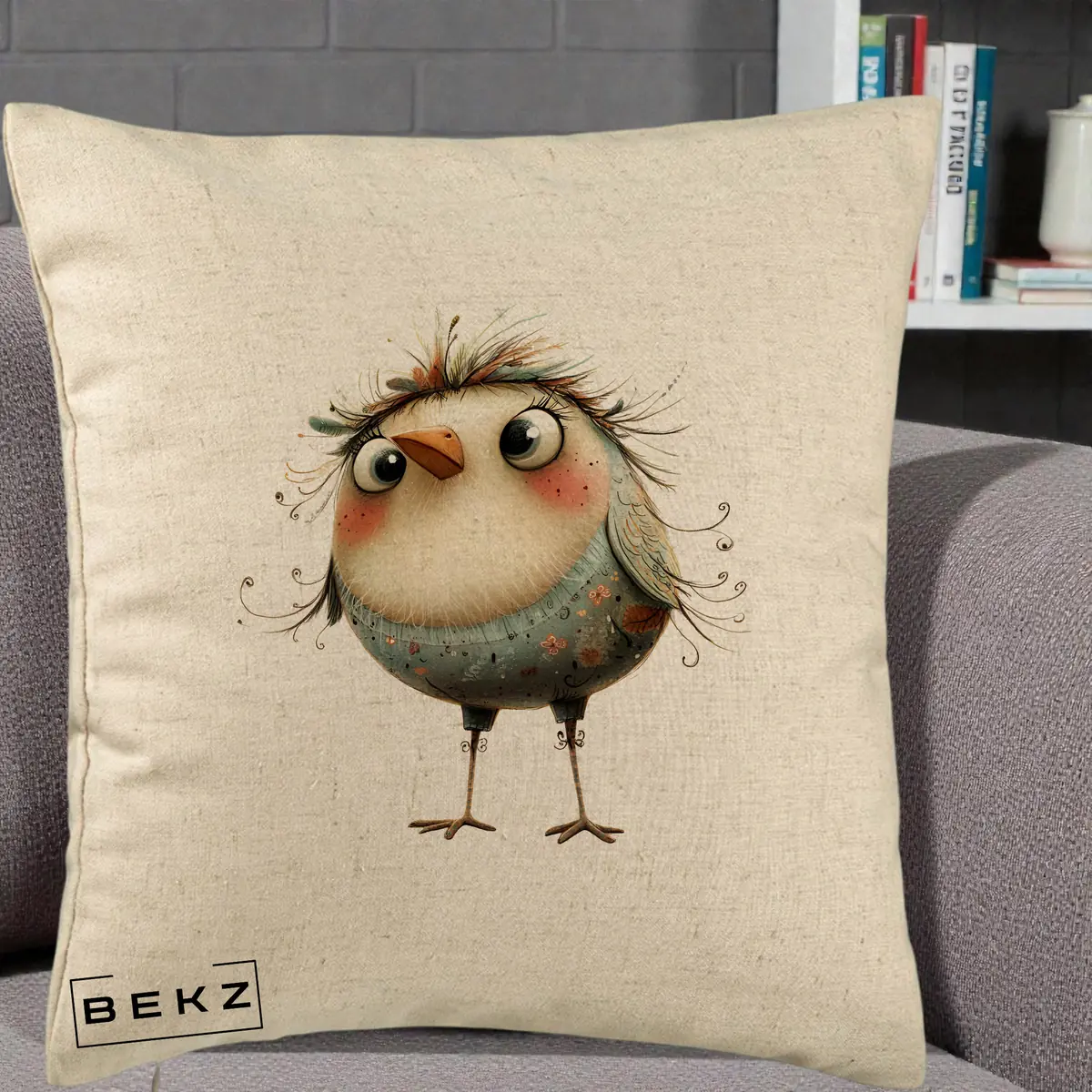 Perna Decorativa Pasare cu Penaj Zbarlit si Gene, 40x40 cm, Bej, Husa Detasabila, Perna, BEKZ®