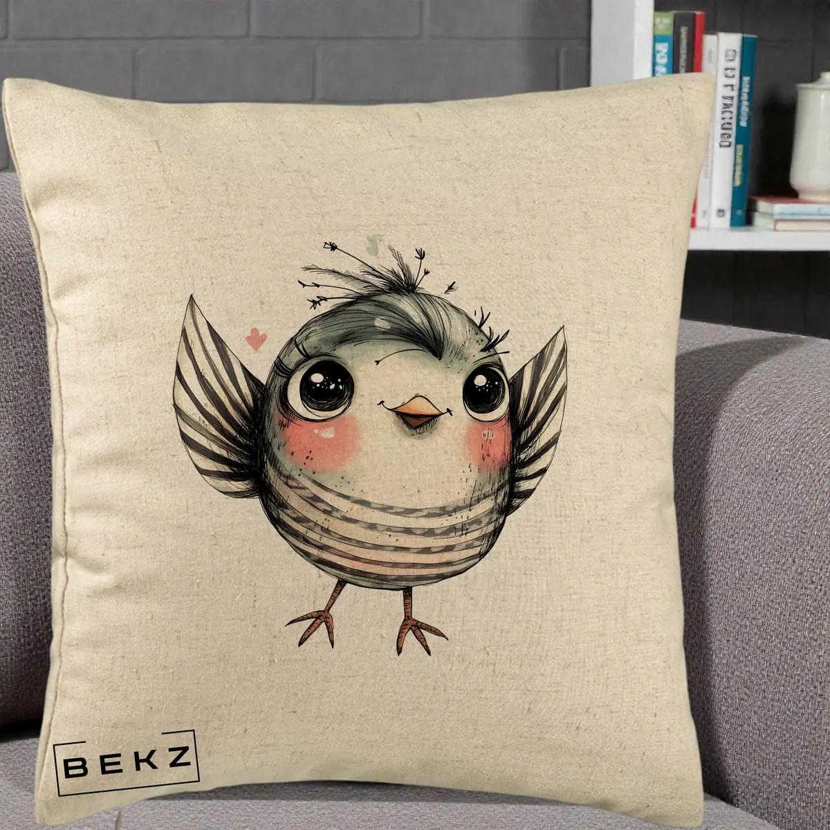 Perna Decorativa Pasare Gri cu Aripi si Inimioare, 40x40 cm, Bej, Husa Detasabila, Perna, BEKZ®
