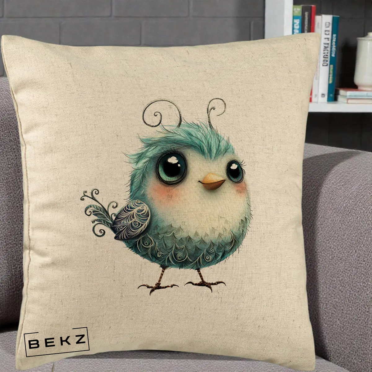 Perna Decorativa Pui Teal cu Aripioare Ornamentale, 40x40 cm, Bej, Husa Detasabila, Perna, BEKZ®