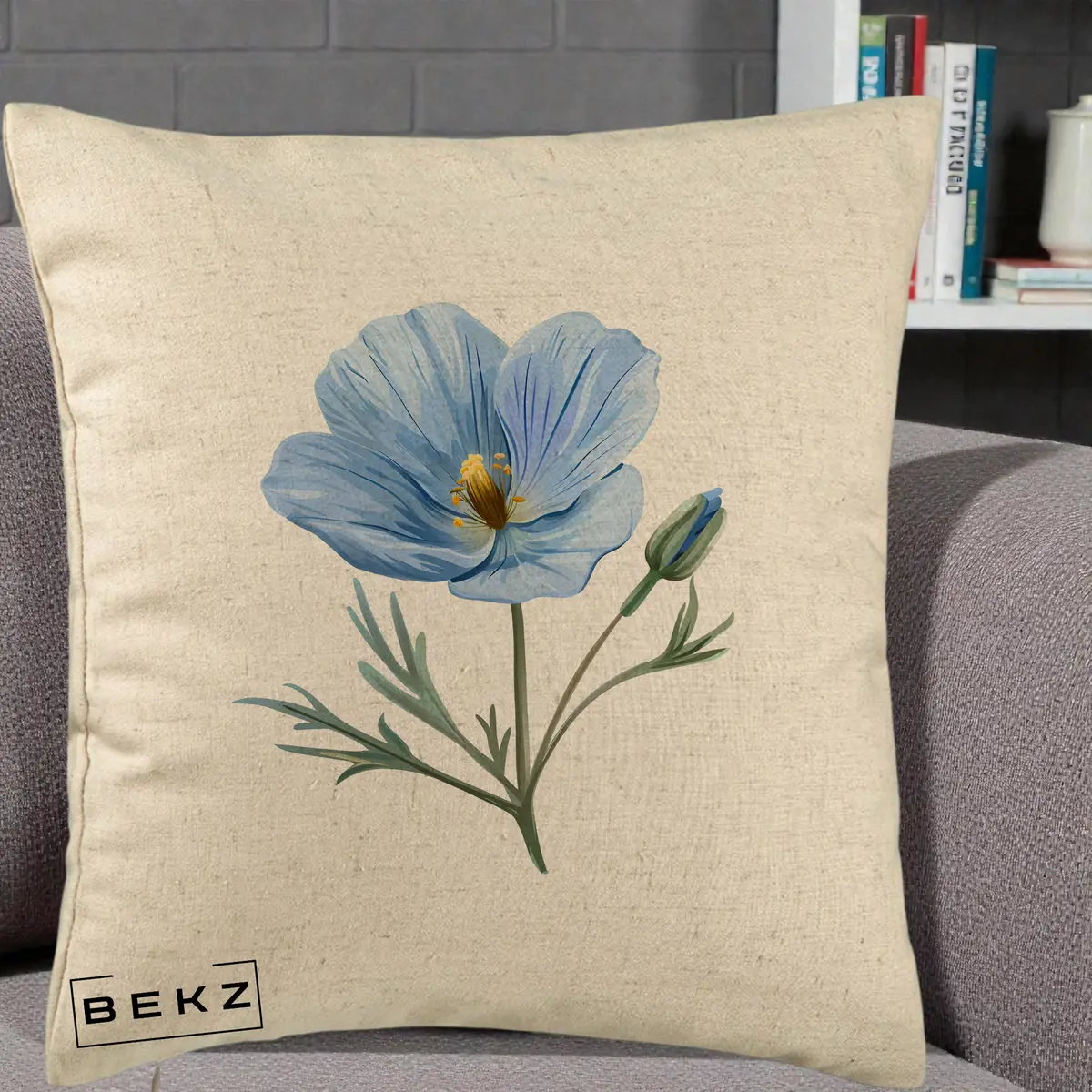 Perna Decorativa Mac Albastru Acuarela, 40x40 cm, Bej, Husa Detasabila, Perna, BEKZ®