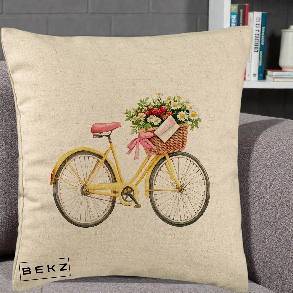 Perna Decorativa Bicicleta Galbena cu Cos de Flori Primavara, 40x40 cm, Bej, Husa Detasabila, Perna, BEKZ®