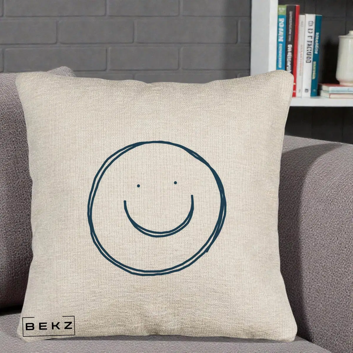 Perna Decorativa Smile Desen Minimalist, 40x40 cm, Bej Canapea, Husa Detasabila, Perna, BEKZ®