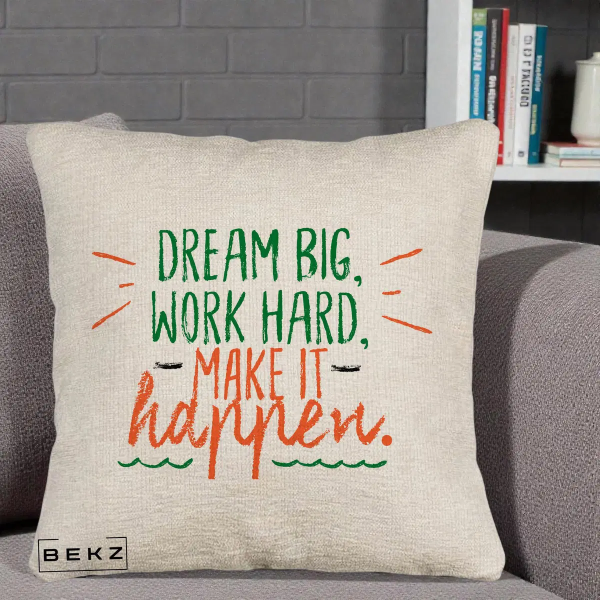 Perna Decorativa Dream Big Work Hard Mesaj Motivational, 40x40 cm, Bej Canapea, Husa Detasabila, Perna, BEKZ®