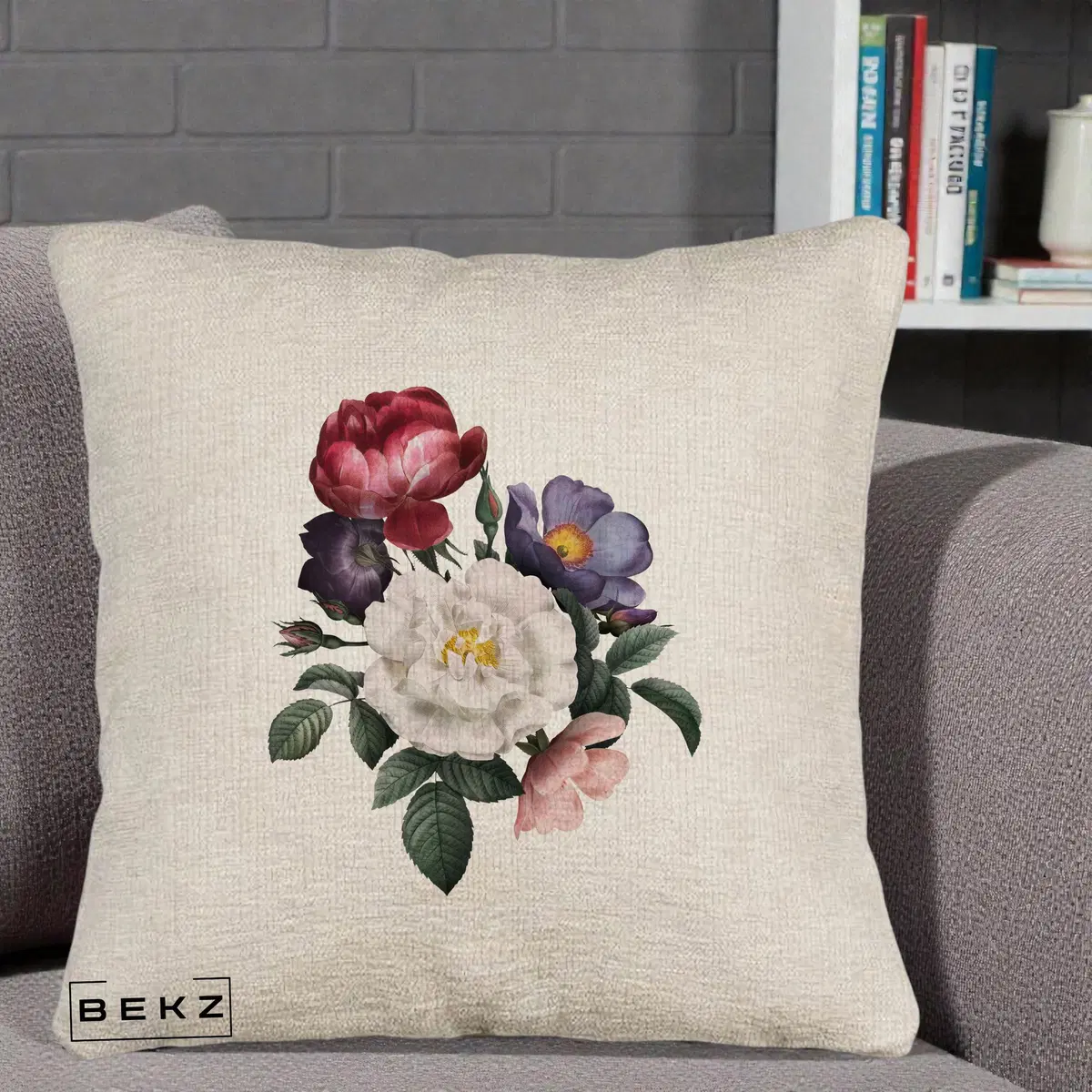 Perna Decorativa Buchet Trandafiri Bujori Botanical, 40x40 cm, Bej Canapea, Husa Detasabila, Perna, BEKZ®