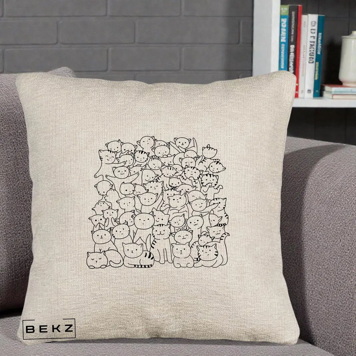 Perna Decorativa Many Cats Pattern Alb-Negru, 40x40 cm, Bej Canapea, Husa Detasabila, Perna, BEKZ®