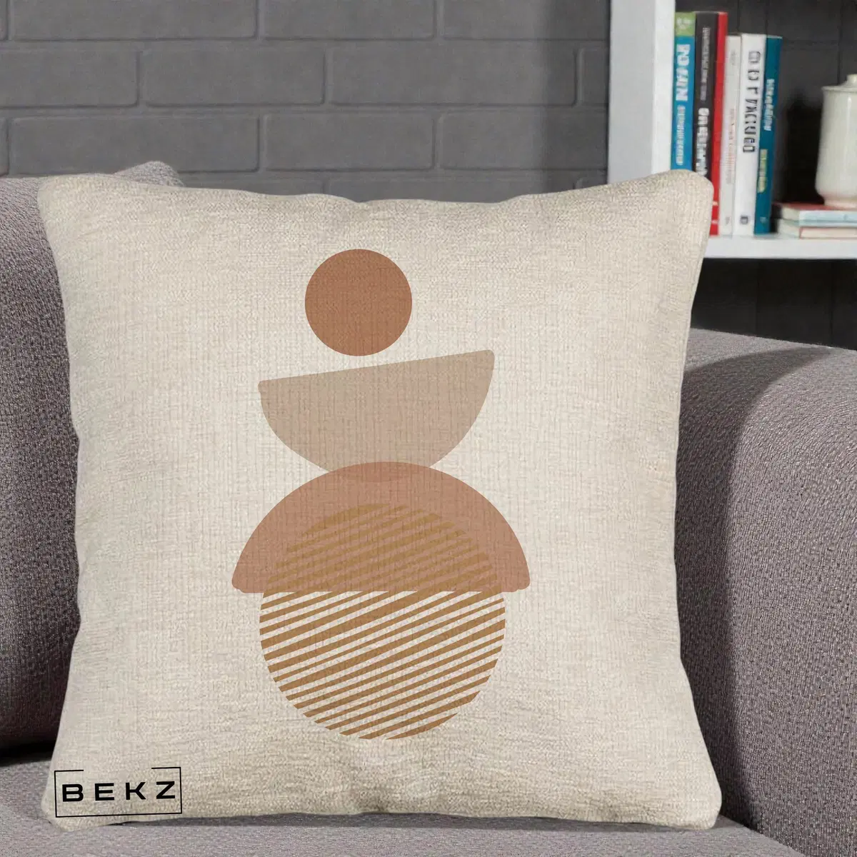 Perna Decorativa Geometric Boho Forme Terracotta, 40x40 cm, Bej Canapea, Husa Detasabila, Perna, BEKZ®