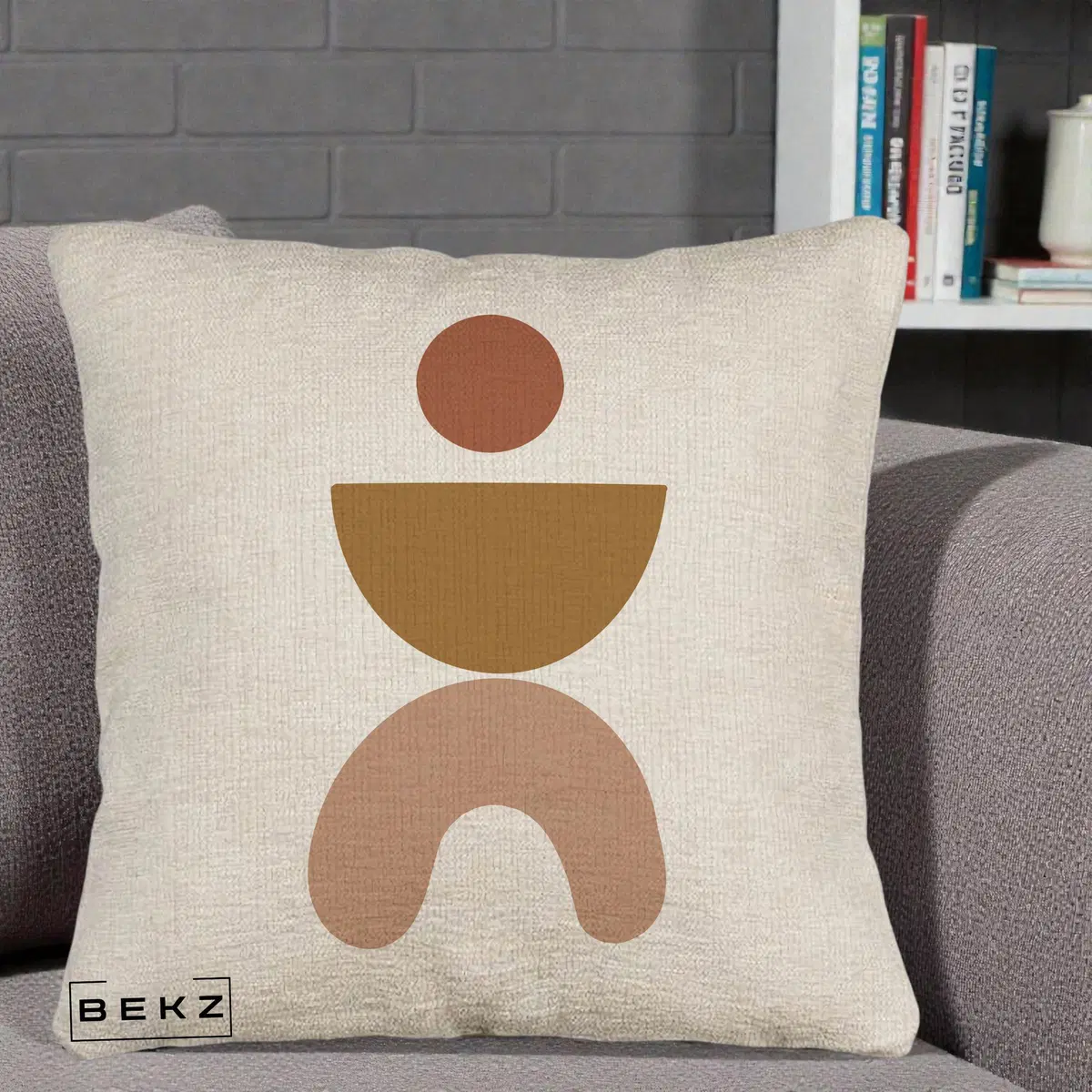 Perna Decorativa Geometric Boho Disc si Arc, 40x40 cm, Bej Canapea, Husa Detasabila, Perna, BEKZ®