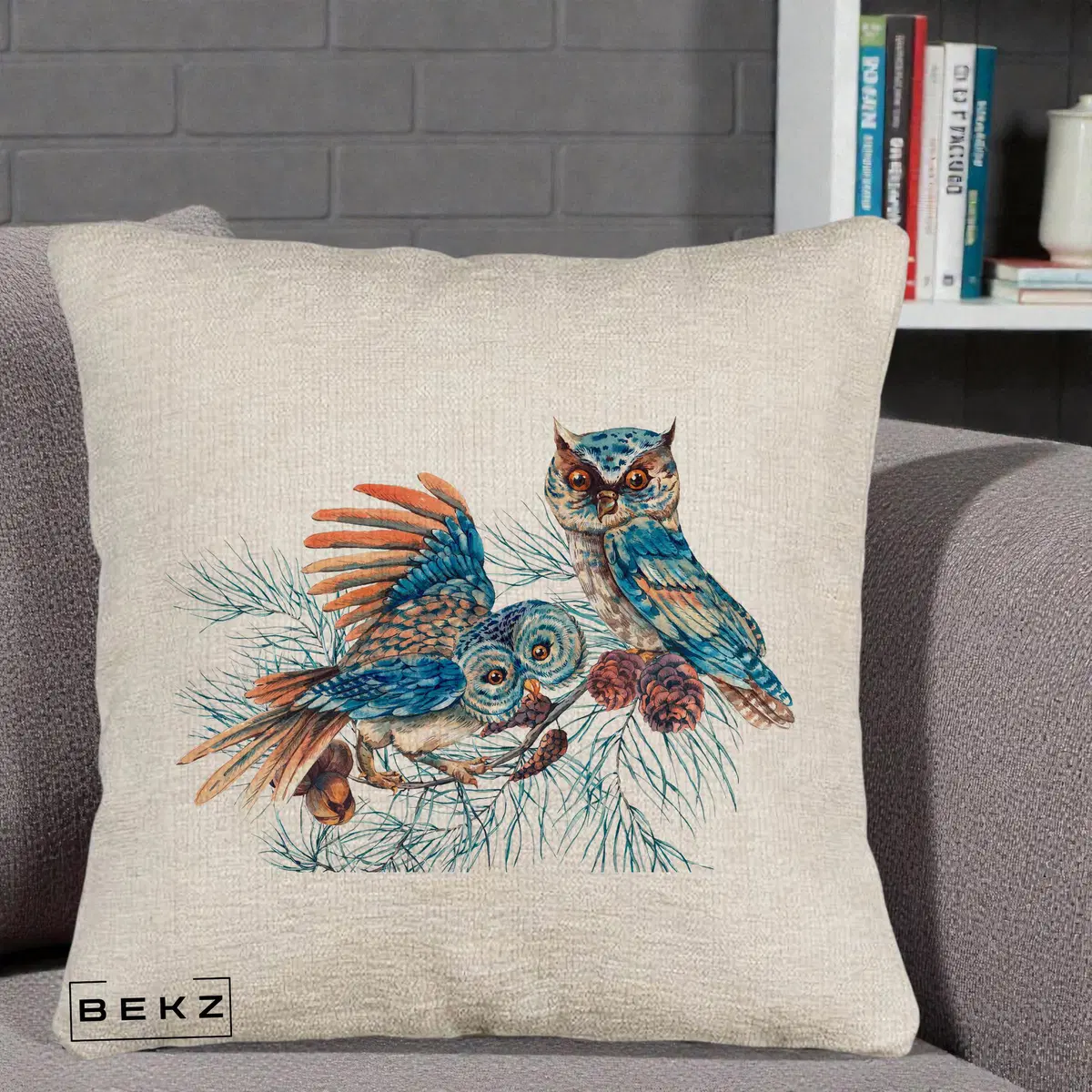 Perna Decorativa Bufnite de Iarna Albastre, 40x40 cm, Bej Canapea, Husa Detasabila, Perna, BEKZ®