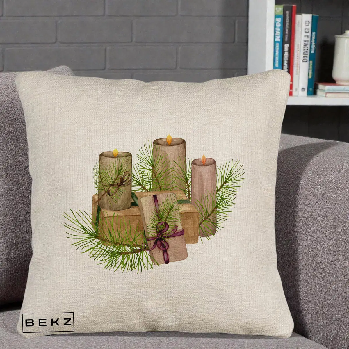 Perna Decorativa Lumanari cu Cadouri Naturale, 40x40 cm, Bej Canapea, Husa Detasabila, Perna, BEKZ®