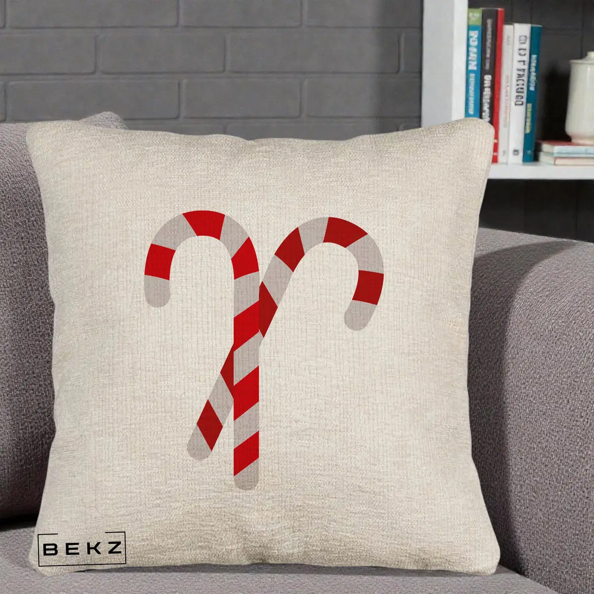 Perna Decorativa Candy Cane de Craciun, 40x40 cm, Bej Canapea, Husa Detasabila, Perna, BEKZ®