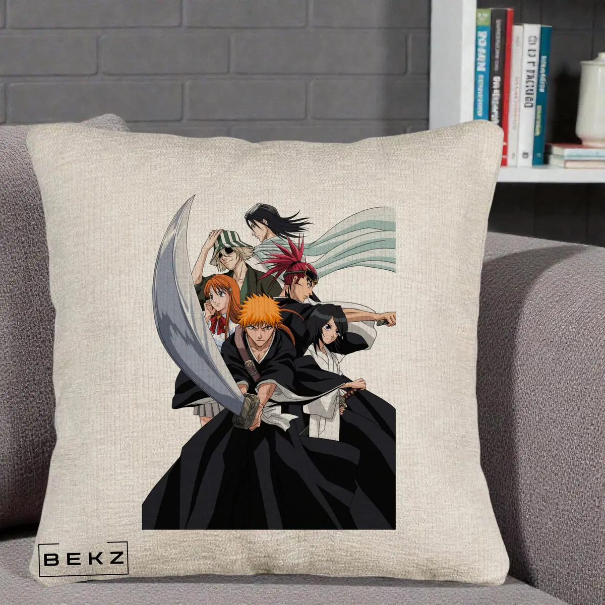 Perna Decorativa Bleach Grup Complet Ichigo si Prietenii, 40x40 cm, Bej Canapea, Husa Detasabila, Perna, BEKZ®