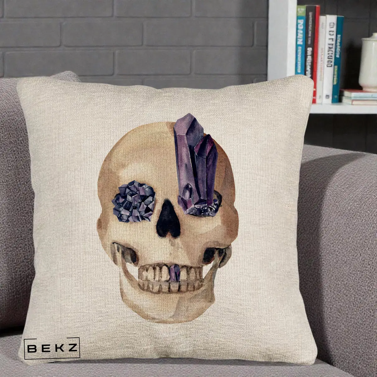 Perna Decorativa Craniu cu Cristale de Ametist, 40x40 cm, Bej Canapea, Husa Detasabila, Perna, BEKZ®