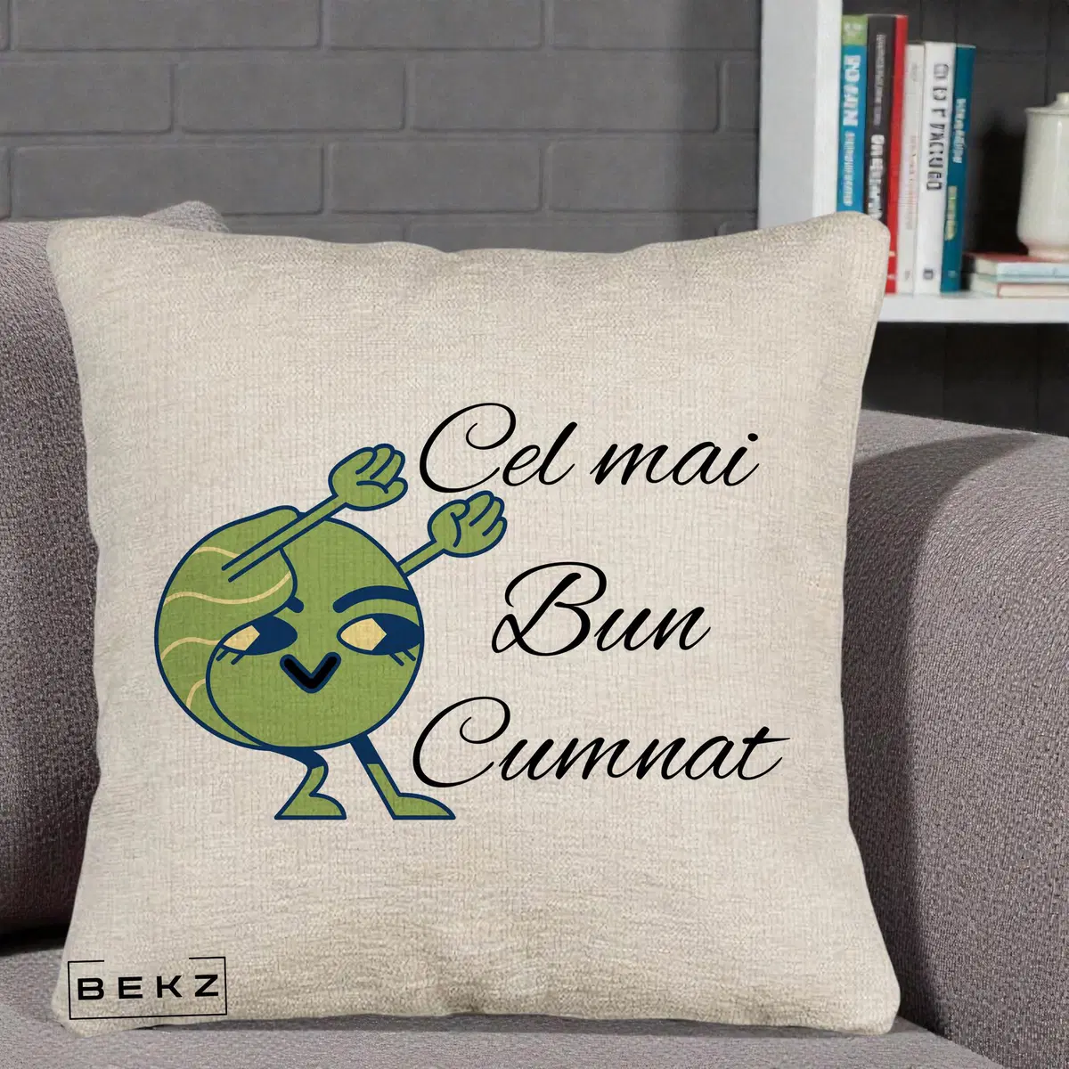 Perna Decorativa Cel mai Bun Cumnat cu Personaj Funny Verde, 40x40 cm, Bej Canapea, Husa Detasabila, Perna, BEKZ®