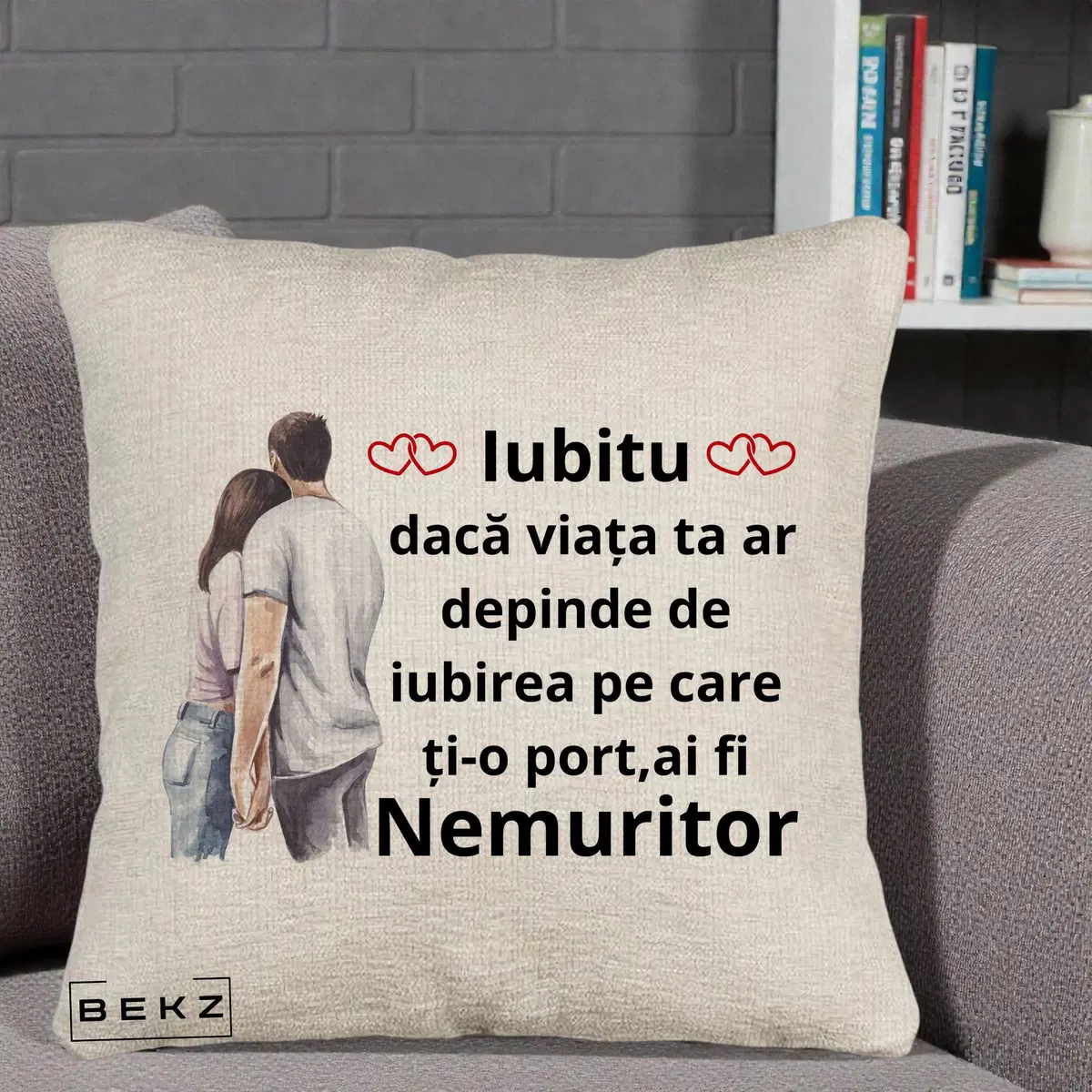 Perna Decorativa Draga Mea Iubirea Mea Infinita Te Iubesc cu Cuplu Acuarela, 40x40 cm, Bej Canapea, Husa Detasabila, Perna, BEKZ®