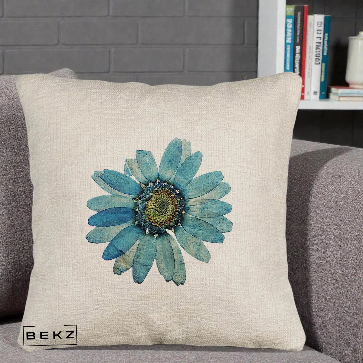 Perna Decorativa Floare Gerbera Teal Acuarela, 40x40 cm, Bej Canapea, Husa Detasabila, Perna, BEKZ®